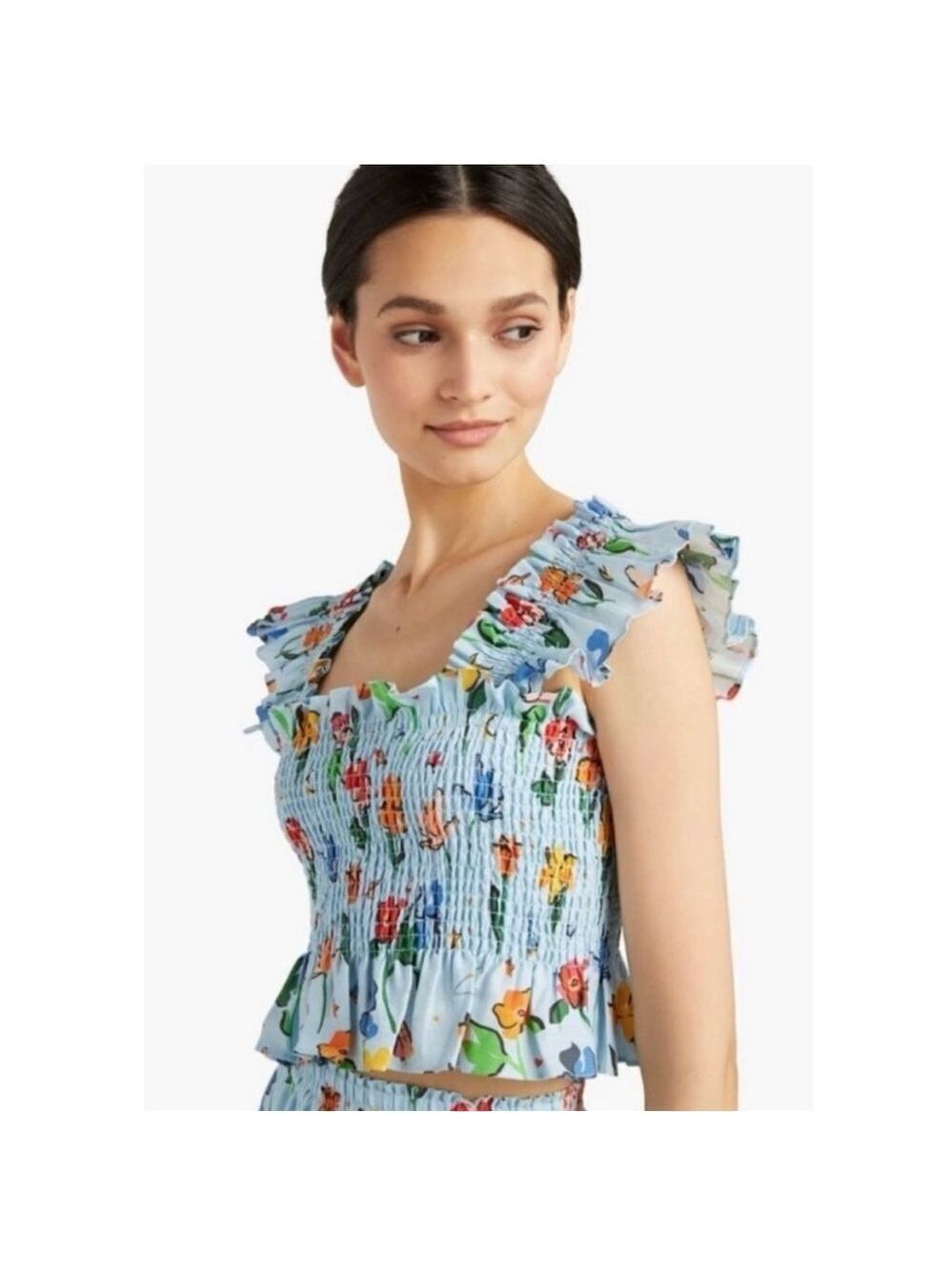 Hill House The Ellie Light Blue Space Floral Linen Crop Top NWT S